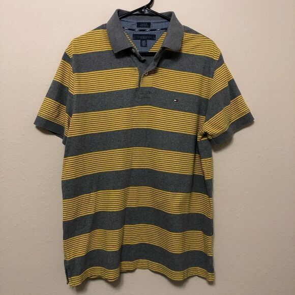 Tommy Hilfiger Stripe Yellow and Grey Polo Shirt Size Large - Picture 1 of 4